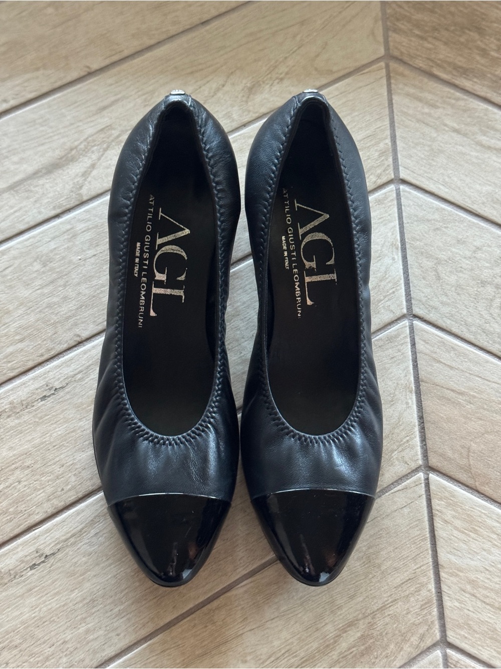AGL Black Leather Block Heels with Patent Cap Toe